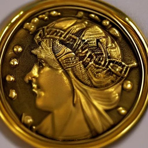 Image similar to a gold coin with a clock face printed on it, complex, high detail, close up