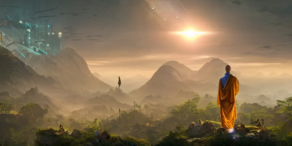 Image similar to a cinematic composition depicting : a computer run cyberpunk civilization encroaching on a solarpunk world, on top of the mountain a monk is in a lotus pose overlooking a hopeful and lush foresty solarpunk valley at sunrise