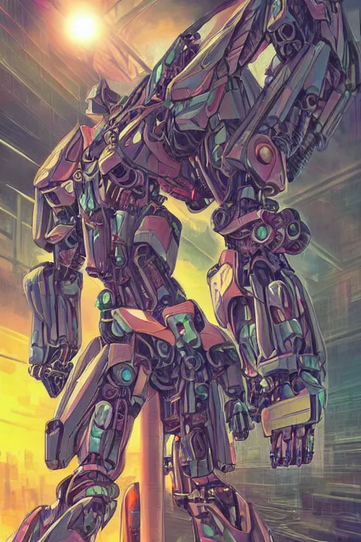 Image similar to attractive biomechanical female mecha in feminine pose on a hyper-maximalist overdetailed retrofuturist scifi bookcover illustration from '70s. Inspired by gundam and shadowrun book cover illustrations. Biopunk, solarpunk style. Daytime. Made by echo chernik. Artstation.