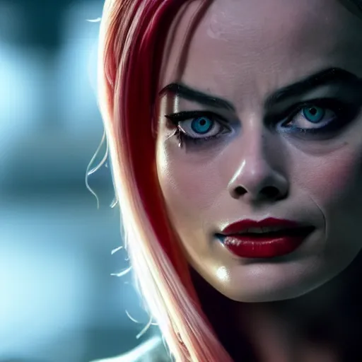 Prompt: Margot Robbie as real-life Jinx from Arcane, league of legends, cinematic, Wide-shot, atmospheric lighting, directed by Quentin Tarantino, extreme detail, 8K, movie still