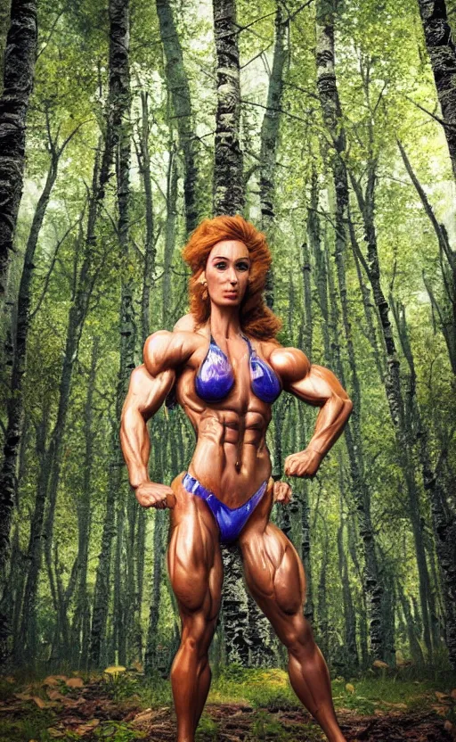 Image similar to photo of bodybuilder woman posing in birch forest in jeff koons hip hop bauhaus style, beautiful detailed face, ultra realistic, concept art, intricate details, serious, highly detailed, photorealistic, octane render, 8 k, unreal engine, natural light, art by todd mcfarlane