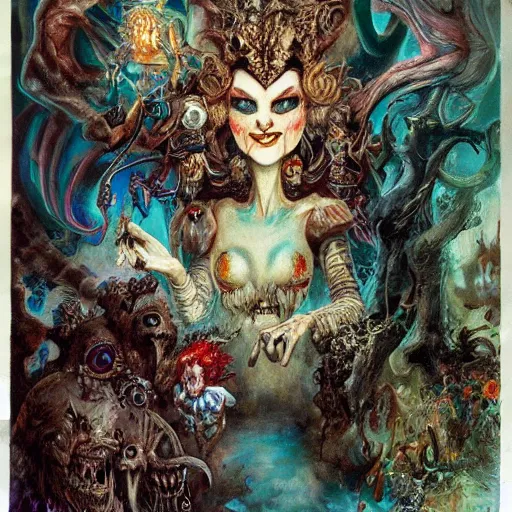 Image similar to princes of hell in alice in wonderland tripping on ayahuasca with faces in the background, intricate detail, painting, royo, frazetta, whealan,