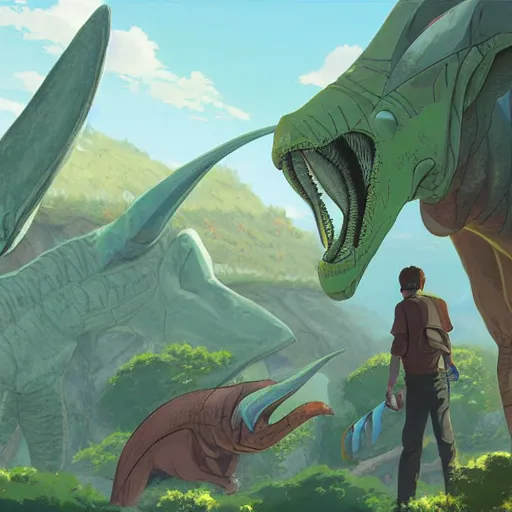 Image similar to concept art painting of alien dinosaurs, detailed, cel shaded, in the style of makoto shinkai and moebius and james gurney