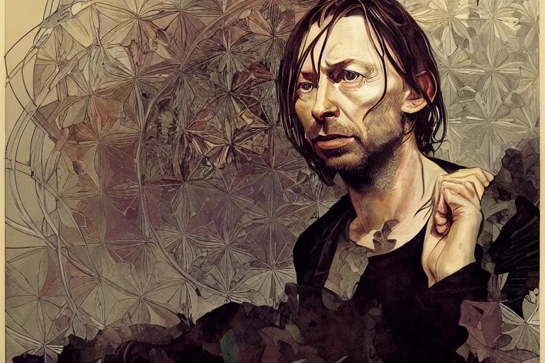 Image similar to hyper realistic portrait of thom yorke singer songwriter, side, liminal space, by lee bermejo, alphonse mucha and greg rutkowski