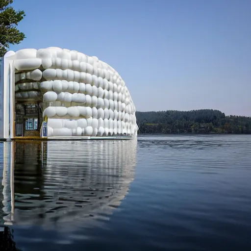 Prompt: a building formed by the fusion of many white egg - shaped spaces, on the calm lake, people's perspective