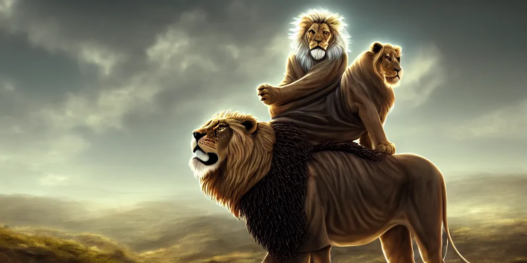 Prompt: hooded wise old man ( long white beard wearing a brown tunic ), riding majestically, on a beautiful lion's back, epic digital art, cinematic, trending on artstation, superb detail 8 k, wide - angle, masterpiece