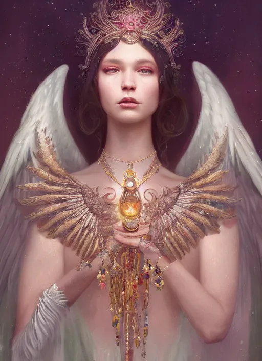 Image similar to A beautiful digital painting of a female Seraphim full of jewels, princess, the moon behind her, intricate, cinematic lighting, highly detailed, digital painting, Artstation, concept art, smooth, sharp focus, illustration, art by Tom Bagshaw, Artgerm and Greg Rutkowski