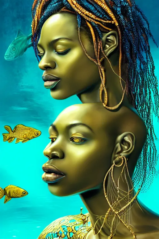 Image similar to hyperrealistic wide shot of very expressive! translucent!! african goddess, cinematic underwater scene with fish and algae, gold jewerly, highly detailed face, digital art masterpiece, eric zener cam de leon, dramatic pearlescent turquoise light on one side, low angle uhd 8 k, shallow depth of field