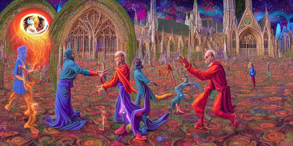 Image similar to hyper detailed portrait of a dmt spirit guide greeting a lost psychonaught, friendly dmt time elves, cathedral background, masterpiece composition, 8 k resolution, ultra fine illustration, alex grey, todd schorr, casey weldon, tokio aoyama, highly detailed,