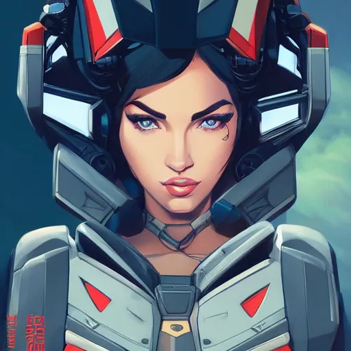 Prompt: portrait of stunning megan fox gundam pilot, with an intricate, detailed, urban inspired hiphop afro futuristic helmet, vector behance hd jesper ejsing, rhads, makoto shinkai, lois van baarle, ilya kuvshinov, rossdraws, hd, 3 2 k, ilya kuvshinov, gustav klimt