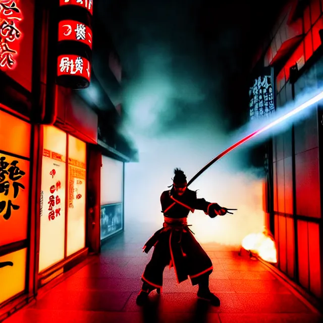 Image similar to cyber samurai fire dance slashing sword atomic, detailed bushido form smoke, fighting stance atomic energy, shibuya prefecture, cinematic neon uplighting, fog mist smoke, photorealistic, night photography by tomino - sama