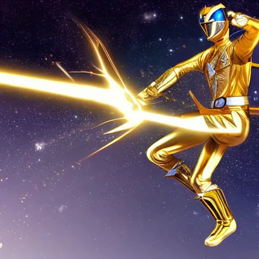 Prompt: full ultimate shiny golden sharp saber of power ranger white photorealistic digital art hyperdetailed surface sunlight reflections