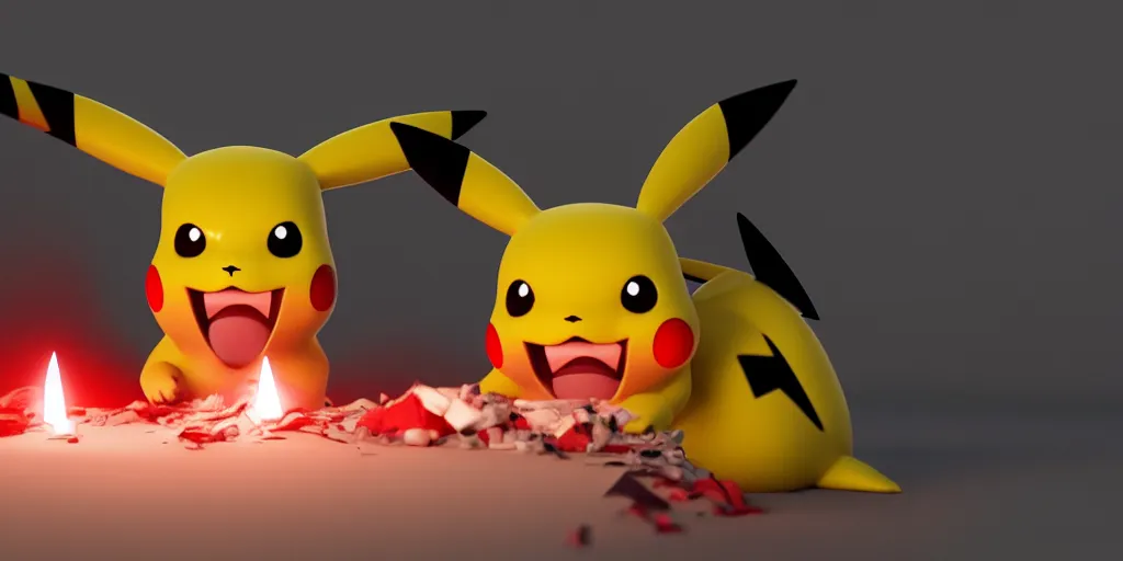 Image similar to pikachu devouring a dog sharp teeth burtal eyes scary mouth dark room red candles trash bin octane unreal engine render 8k photorealistic extreme detail textured