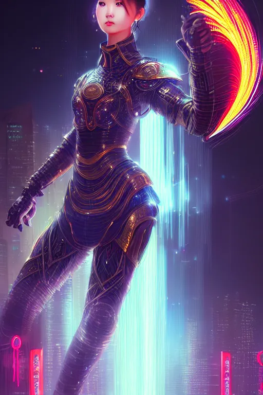 Image similar to portrait futuristic wuxia armor heroine Girl with thunder and fire sparkles and starlight, fighting in future cyberpunk beijing rooftop , ssci-fi, fantasy, intricate, very very beautiful, elegant, human structure, neon light, highly detailed, digital painting, artstation, concept art, smooth, sharp focus, illustration, art by tian zi and WLOP and alphonse mucha