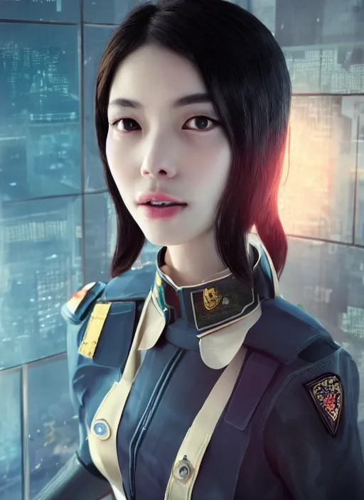 Image similar to portrait of angelababy, futuristic hong kong police uniform girl bioshock, au naturel, hyper detailed, digital art, trending in artstation, cinematic lighting, studio quality, smooth render, unreal engine 5 rendered, octane rendered, art style by klimt and nixeu and ian sprigger and wlop and krenz cushart