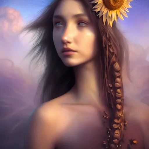 Image similar to by artgerm and agostino arrivabene, visually stunning, cinematic, ultra realistic, hyper realism, epic, octane render, unreal engine, vfx, maya, a girl slowly walking through amazing tall sunflower field, hair flowing, dark clouds incoming, early morning, fungal enchanter, murloc tinyfin, dread infernal, wee whelp, battle ram