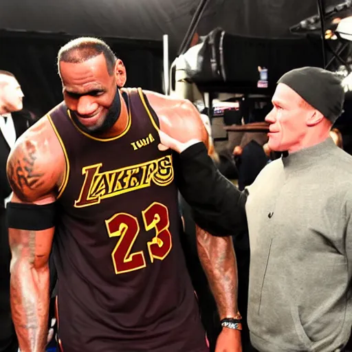 Prompt: lebron james meets john cena backstage