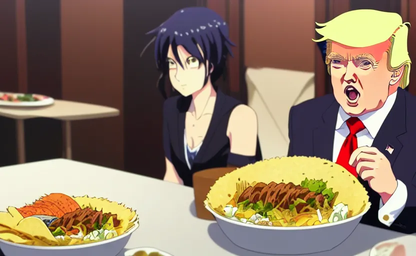 Image similar to beautiful makoto shinkai anime style digital film still portrait of donald trump eating a taco bowl, 4 k, 8 k, hd, high resolution, highly detailed, intricate detail, ultra realistic faces, digital art, trending on artstation, your name, weathering with you