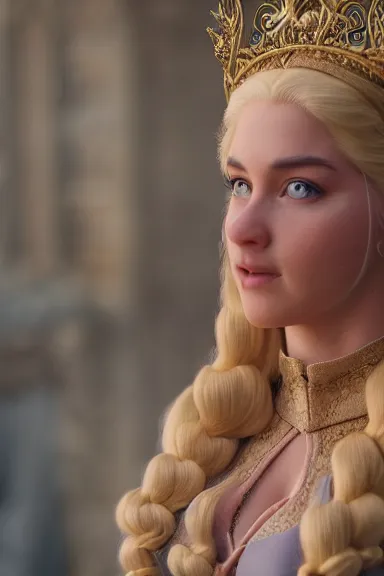 Image similar to very very intricate photorealistic photo of a realistic human version of princess peach in an episode of game of thrones, photo is in focus with detailed atmospheric lighting, award - winning details