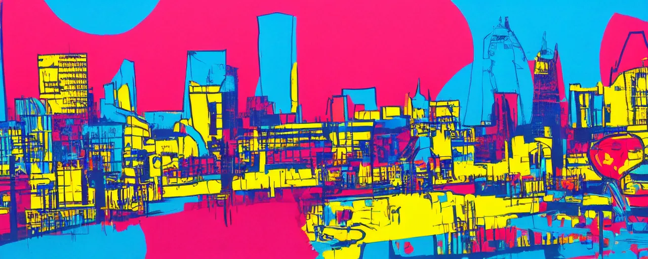 Prompt: a pop art painting of a sunset through a London cityscape