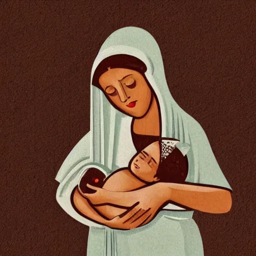 Image similar to 40s illustration of 80 year old sentimental Mediterranean skinned woman in ancient Canaanite clothing holding a newborn baby, crying, awe, love, ancient interior tent background