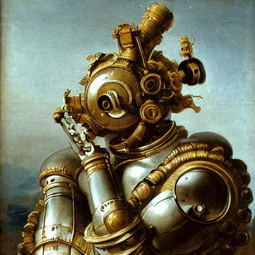 Prompt: a rococo painting of a robot, intricate, ultra detailed, late baroque painting, art by giovanni battista tiepolo