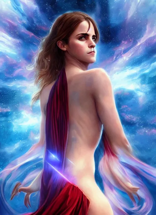 Image similar to emma watson as nature magic celestial, superwoman pose, long hair, soft red and blue transparent cloth, space, D&D, shiny background, intricate, elegant, highly detailed, digital painting, artstation, concept art, smooth, sharp focus, illustration, artgerm, bouguereau