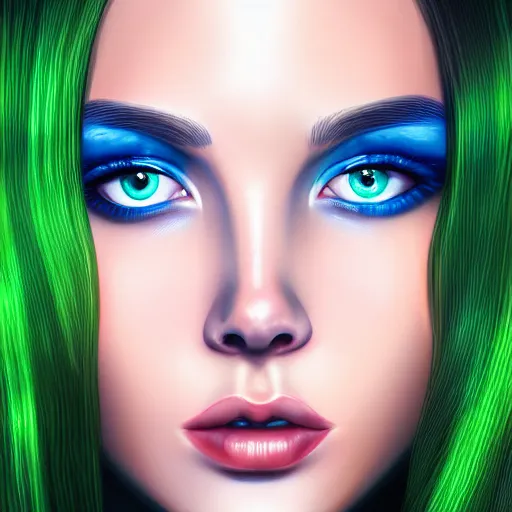 Image similar to photorealistic portrait of beautiful toxic girl, black hair, blue eyes, smooth face, glowing skin, detailed face, green colours, sharp focus