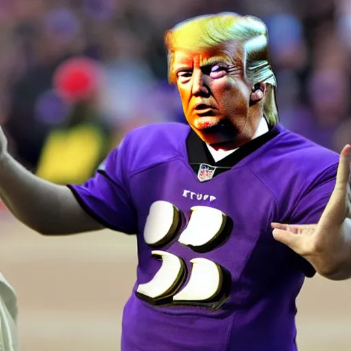 Prompt: “Donald Trump wearing a Baltimore Ravens jersey, ultra realistic, 8k”