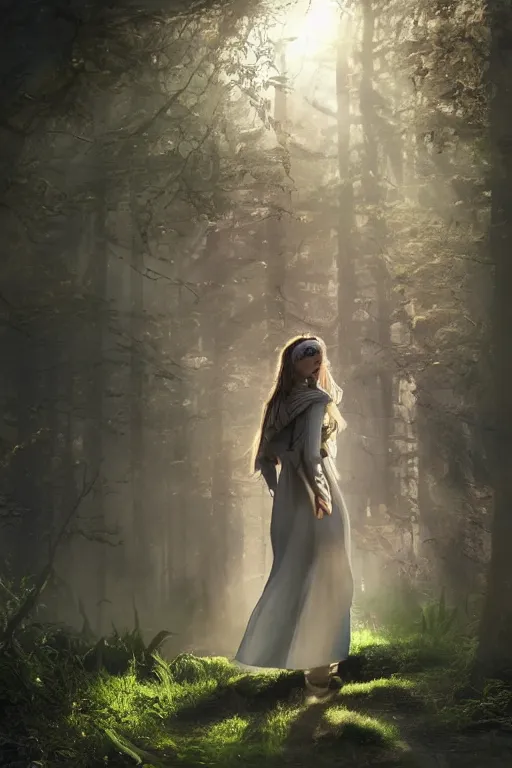 Prompt: a beautiful elf princess walking in an enchanted forest, beautiful and symmetrical face, light rays sieving through the trees, evening, warm light, hyperrealistic, 4K, trending on artstation