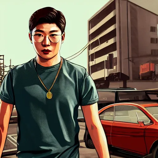 Image similar to kim namjoon in GTA 5 loading screen, full body portrait, concept art, trending in artstation, artstationHD, artstationHQ, highly detailed, 4k