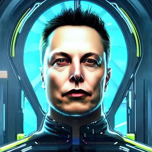 Prompt: ominous portrait, portrait of Elon Musk as a cyberpunk 2077 loading screen, symmetry, front view, intricate, studio, art by anthony macbain + greg rutkowski + alphonse mucha, concept art, 4k, sharp focus