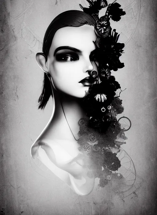 Image similar to black and white dreamy foggy poetic smoky profile face portrait, one silver steampunk realistic eye biomechanical beautiful angelic young female cyborg - robot bust, body ribs meshes,, volumetric light, hibiscus flowers, rim light, big gothic fashion pearl embroidered collar, 1 9 3 0, 8 k