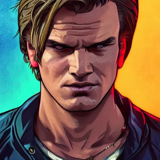 Prompt: [UHD MacGyver as a GTA character on the streets of futuristic laserpunk Dallas, correct face, intricate facial details, symmetrical face, elegant, graphic detail, digital painting, trending on artstation, concept art, tonalism, sharp focus, illustration, art by Akira Toriyama and Greg Rutkowski and Alphonse Mucha]