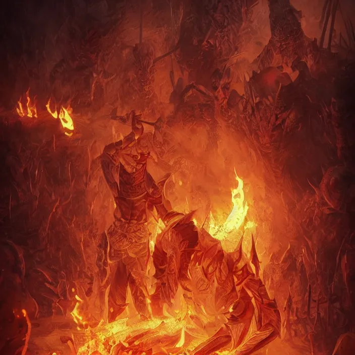 Image similar to the heating naraka, a hell where hell guards impale beings on a fiery spear until flames issue from their noses and mouths, extraordinary, trending on cgsociety