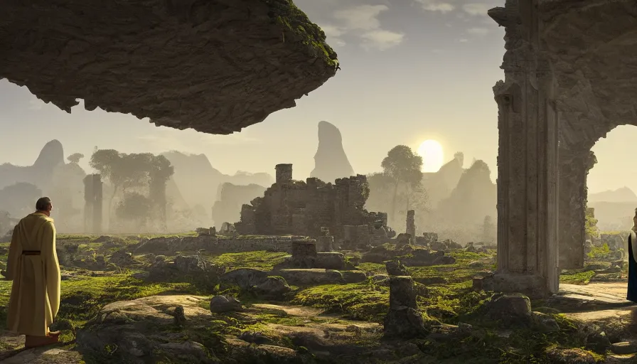 Image similar to a land of ruins of lost civilization with a distant fort in the middle, pure gold pillars, water tunnels below and a magical time gate to another dimension, a man wearing a white robe standing watching over, dramatic lighting, dawn, by caspar david friedrich, unreal engine 5