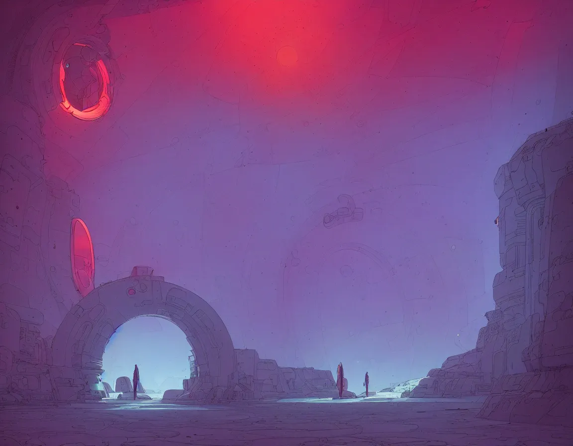 Image similar to a portal to nowhere in style of john harris and kilian eng by moebius, atmospheric, line art, cinematic