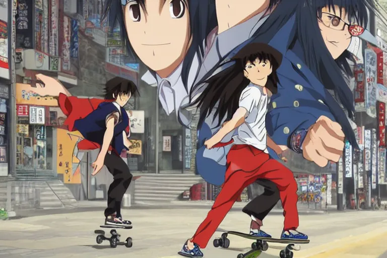 Image similar to a beautiful anime of conan running towards freedom on a skateboard on the streets of beikacho, tokyo, anime, japan, by aoyama gangchang.