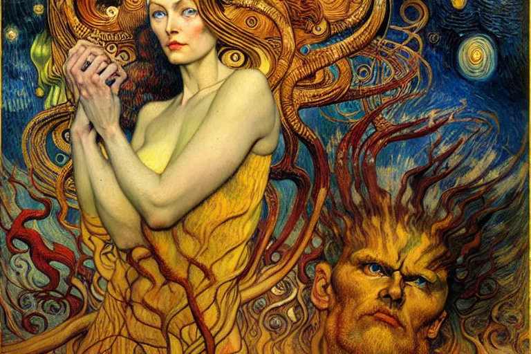 Image similar to Divine Chaos Engine by Karol Bak, Jean Delville, William Blake, Gustav Klimt, and Vincent Van Gogh, symbolist, visionary