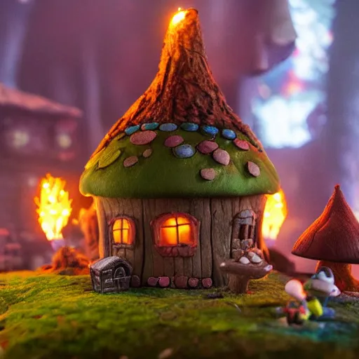 Prompt: A cute mushroom house with smoking chimney, glowing windows on the floor of the enchanted forest. stop motion set from the Box Trolls, medium shot, might cinematic lighting, sharp, high detail