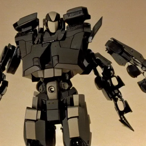 Image similar to metal gear mech, 1 9 8 7, stop - motion, movie still