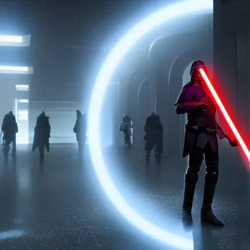 Prompt: Luke Skywalker evil, in an inquisitor uniform, red lightsaber, Death Star hallway, digital art, 4k, octane render, trending on artstation, high quality render, by tony santiago