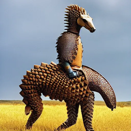 Prompt: a Horse with the armor of a pangolin, national geographic photograph