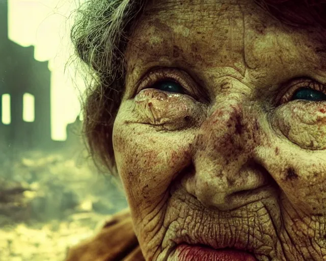 Prompt: close up portrait of an old woman with sinister face and dirty clothes standing outside of an abandoned city ruins, burning city ruins in the background, bokeh, depth of field, dramatic lighting, cinematic, vivid colors, matte painting, digital painting style, John Atkinson Grimshaw color scheme