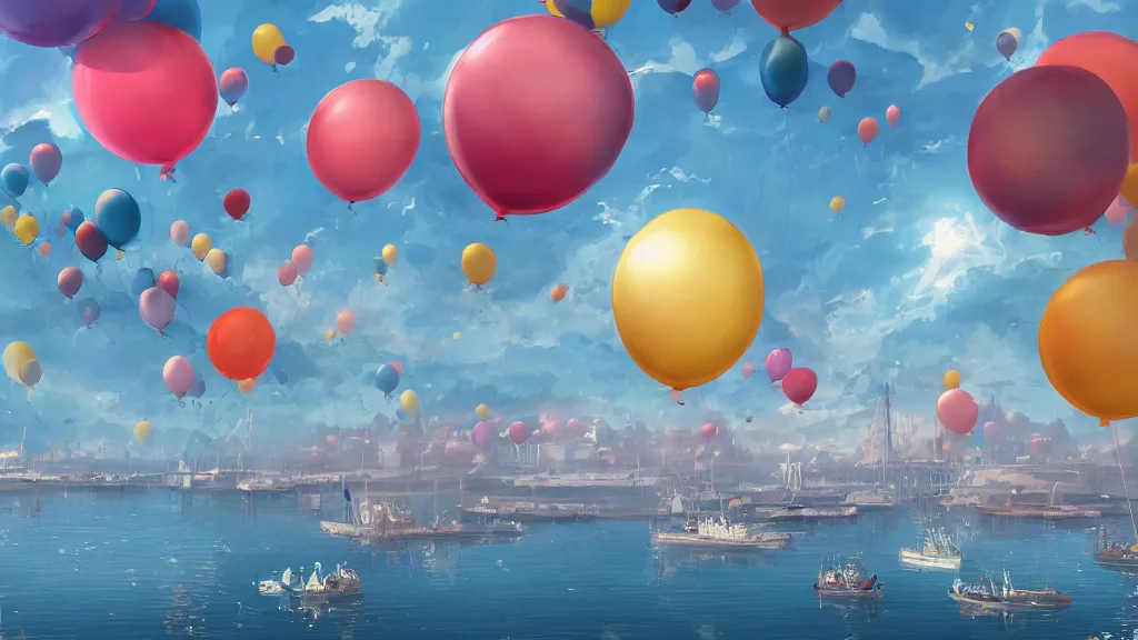 Image similar to a lot of birthday balloons floating above a beautiful maritime port. digital art. artstation cgsociety masterpiece