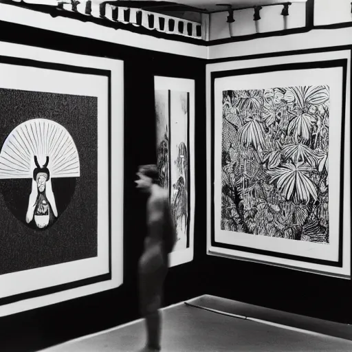 Image similar to A black and white photography in sérigraphie of an exhibition space with works of Sun Ra, Marcel Duchamp and tropical plants - W 1280