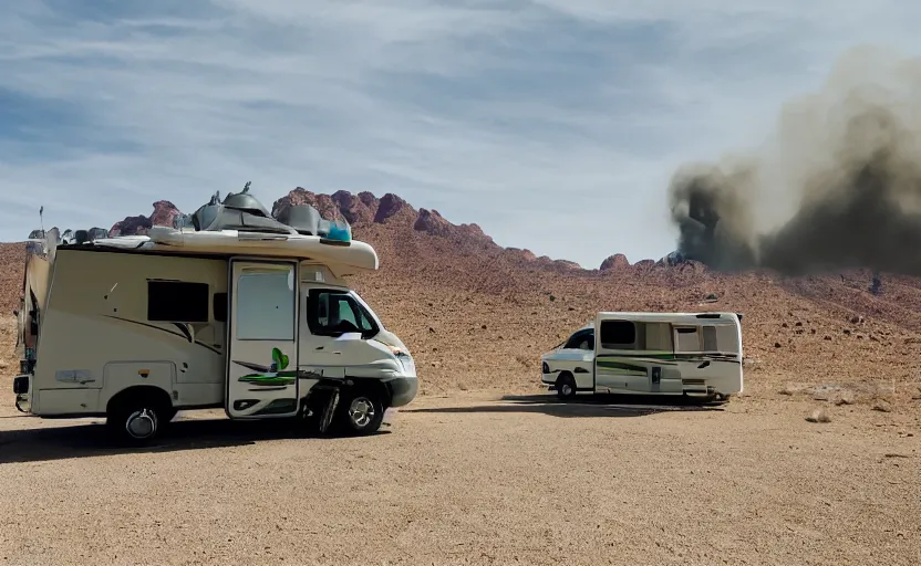 Image similar to a motorhome in the desert, green smoke coming from the top, wide angle shot