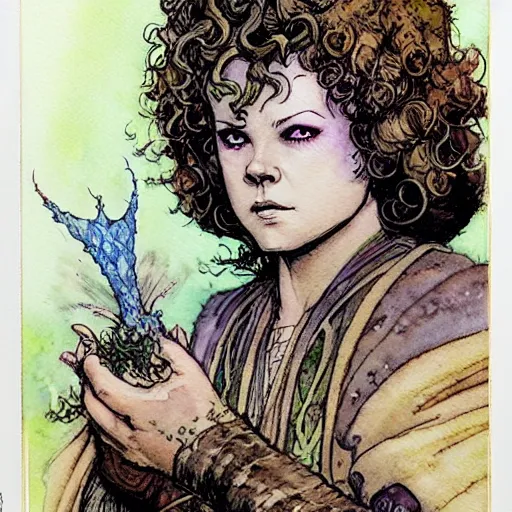 Prompt: a realistic and atmospheric watercolour fantasy character concept art portrait of adult shirley temple as a druidic warrior wizard looking at the camera with an intelligent gaze by rebecca guay, michael kaluta, charles vess and jean moebius giraud