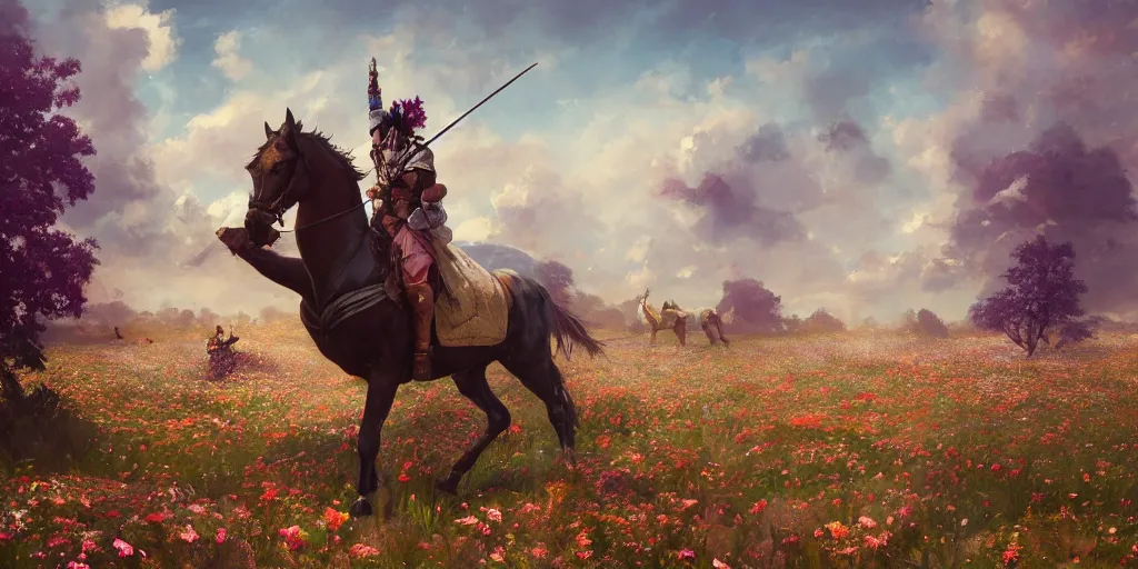 Image similar to an aesthetic field of flowers, asian knight on horse, greg rutkowski, zabrocki, karlkka, jayison devadas, trending on artstation, 8 k, ultra wide angle, zenith view, pincushion lens effect