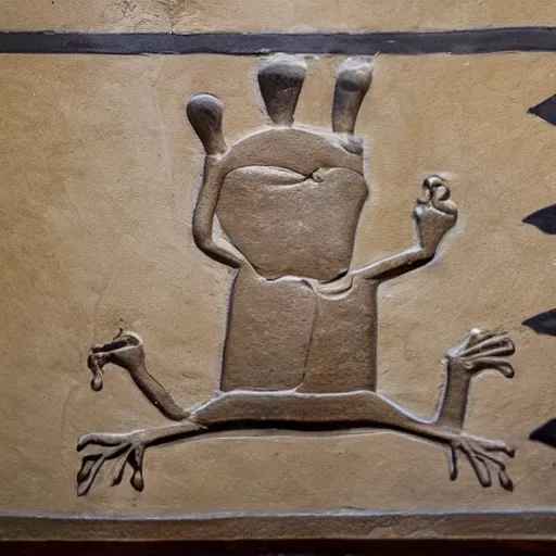 Image similar to a small frog standing on two feet at the hotel reception entry, ancient egyptian mural